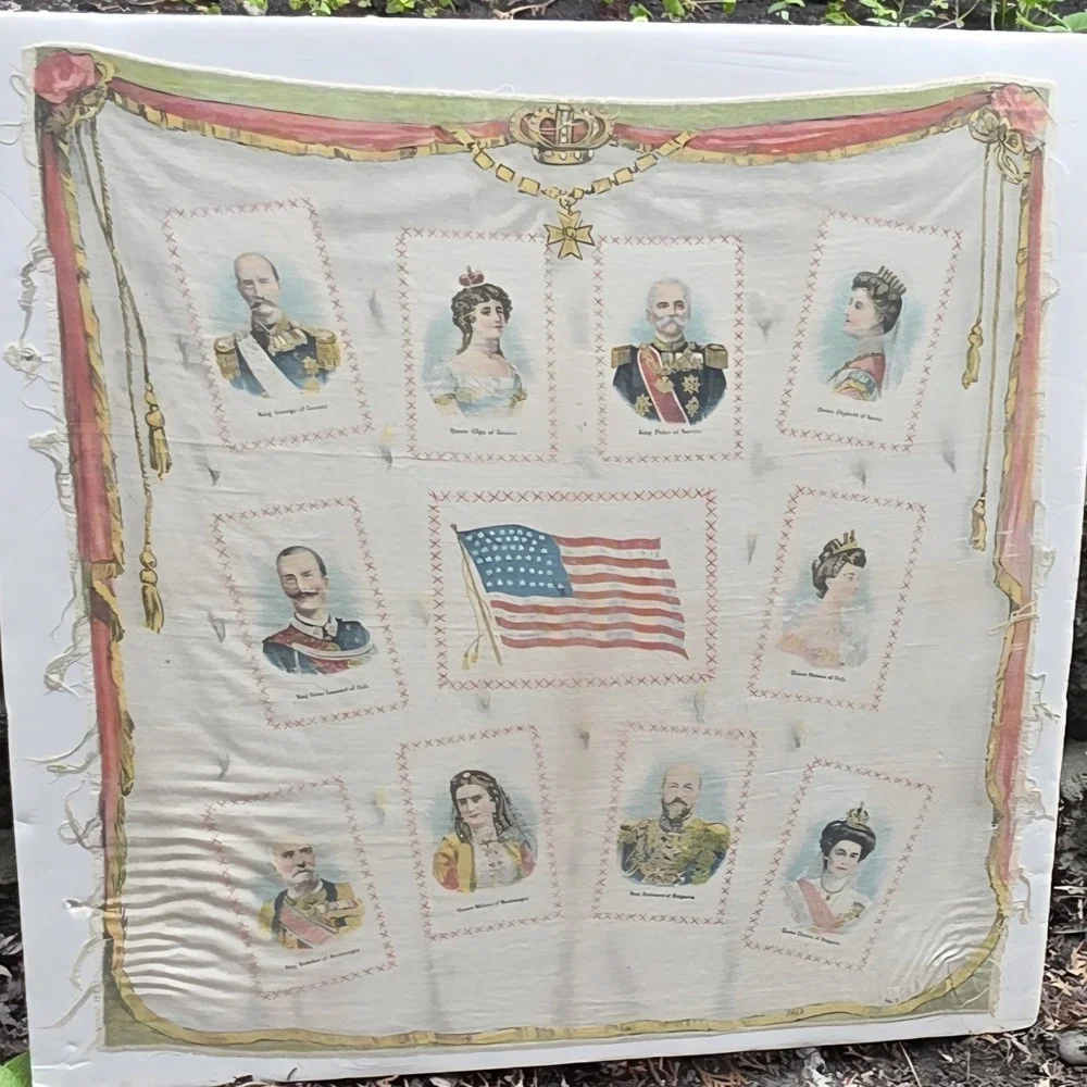 Antique Silk Tobacco Rug American European Royalty Monarchs Textile WWI Era